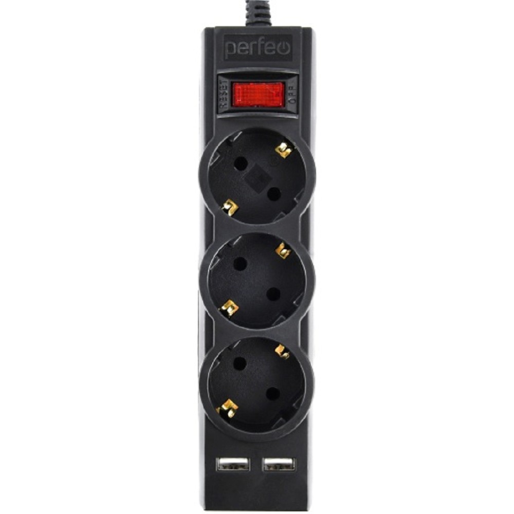 Perfeo сетевой фильтр "POWER-S", 3,0м, 3 розетки 10А, 2USB, 2500 Вт, двойная защита, черный. арт. PF_E1641