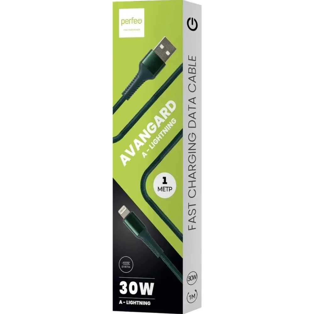 PERFEO Кабель USB A вилка - Lightning вилка, 30W, зеленый, длина 1 м., AVANGARD (I4334)