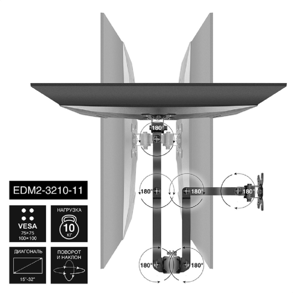 Exegate EX297363RUS Настольное крепление ExeGate EDM2-3210-11 (кронштейн для двух мониторов 15"-32", VESA 75x75, 100x100, макс. нагрузка на один кронштейн 10 кг, наклон -90°/+90°, поворот -90°/+90°, в
