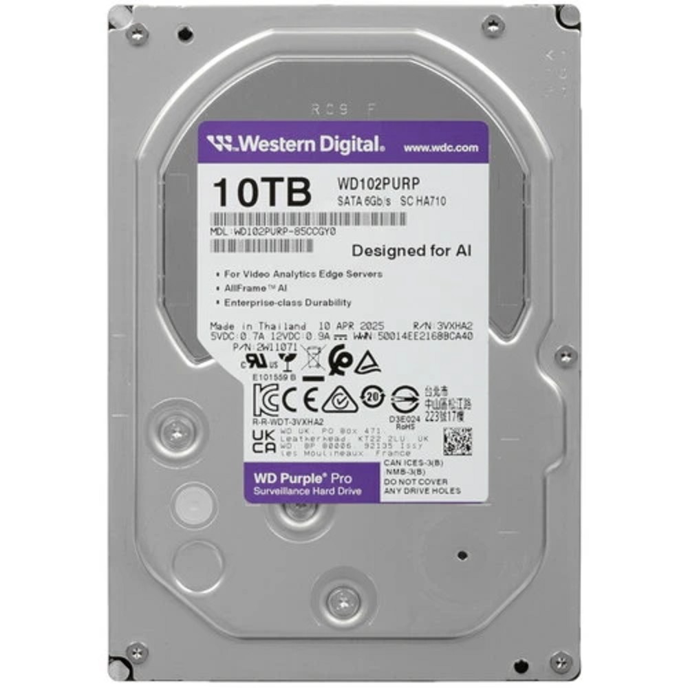 Western Digital Purple Pro HDD 3.5" SATA 10Tb, 7200 rpm, 512MB buffer (DV&NVR + AI), WD102PURP, 1 year