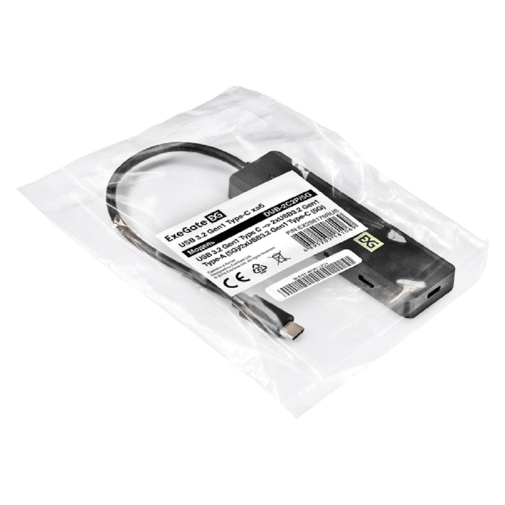 Exegate EX298176RUS USB-Хаб (концентратор) 4-в-1 ExeGate DUB-2C2P/5G (кабель-адаптер USB 3.2 Gen1 Type C --> 2xUSB3.2 Gen1 Type-A (5G)/2xUSB3.2 Gen1 Type-C (5G), SuperSpeed USB 5Gbps, Plug&Play, черны