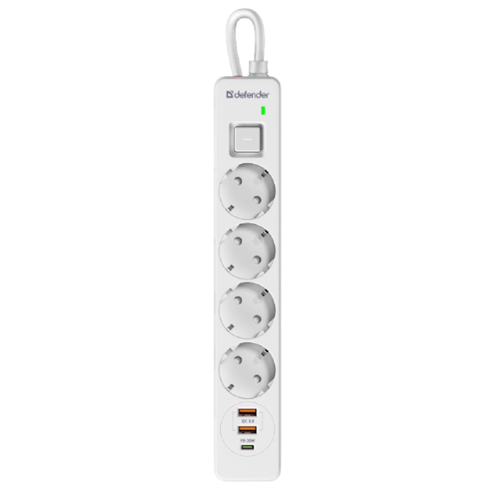 Defender Удлинитель с сетевым фильтром DFS 143 3 м,белый,4розетки,USB+TypeC [99434]