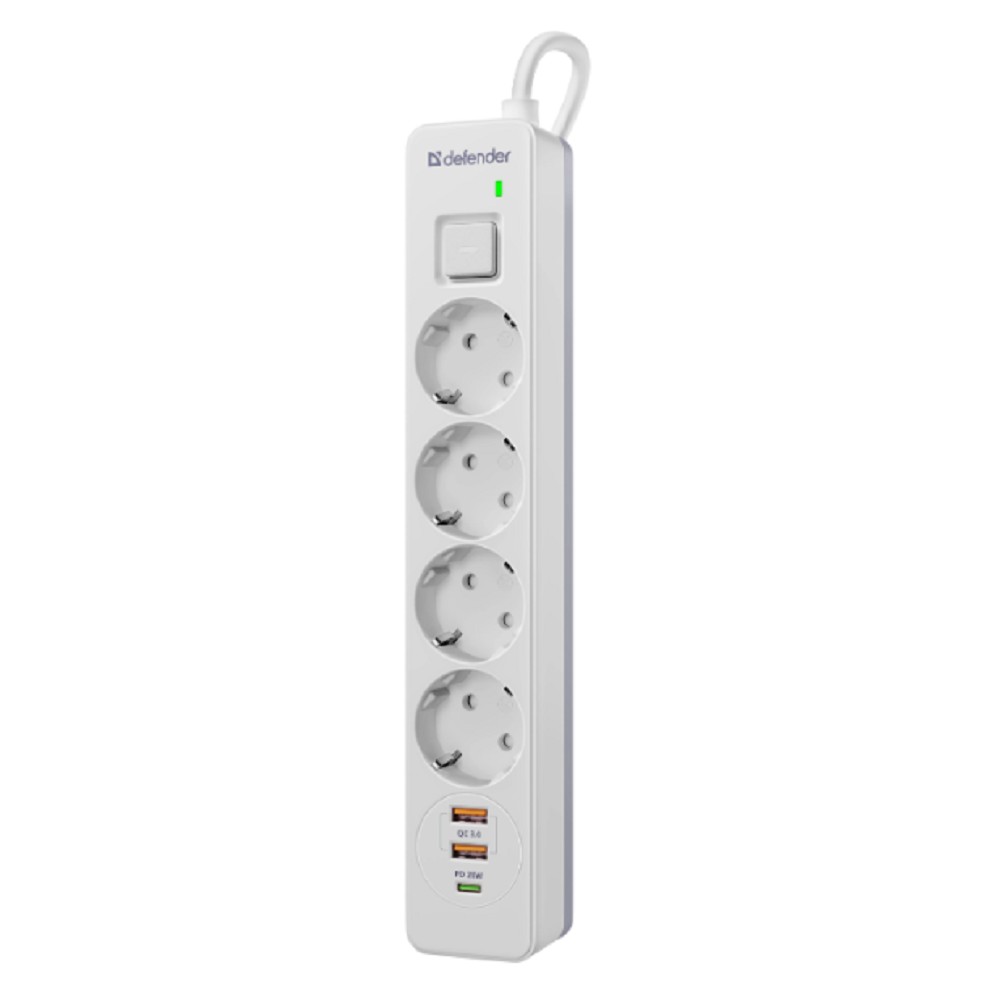Defender Удлинитель с сетевым фильтром DFS 143 3 м,белый,4розетки,USB+TypeC [99434]