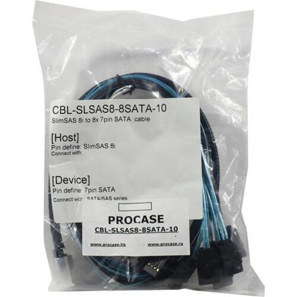 Procase CBL-SLSAS8-8SATA-10 Кабель для подключения корзин, SFF-8654 (Slimline SAS x8) к 8* SATA , 100 cm