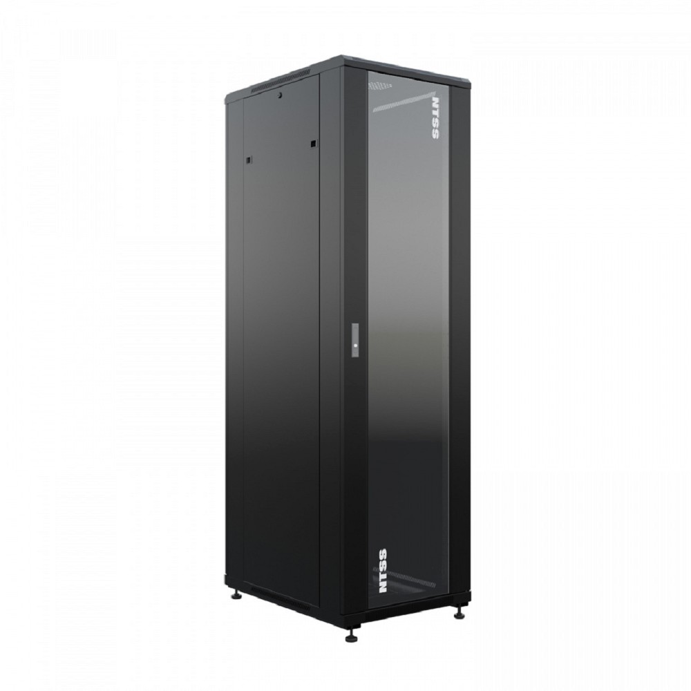 NTSS Шкаф напольный универсальный серверный NTSS R 18U 600х800мм, 4 профиля 19, двери стекло и сплошная металл, боковые стенки съемные, регулируемые опоры, разобранный, черный RAL 9005 NTSS-R18U6080GS арт. NTSS-R18U6080GS-BL