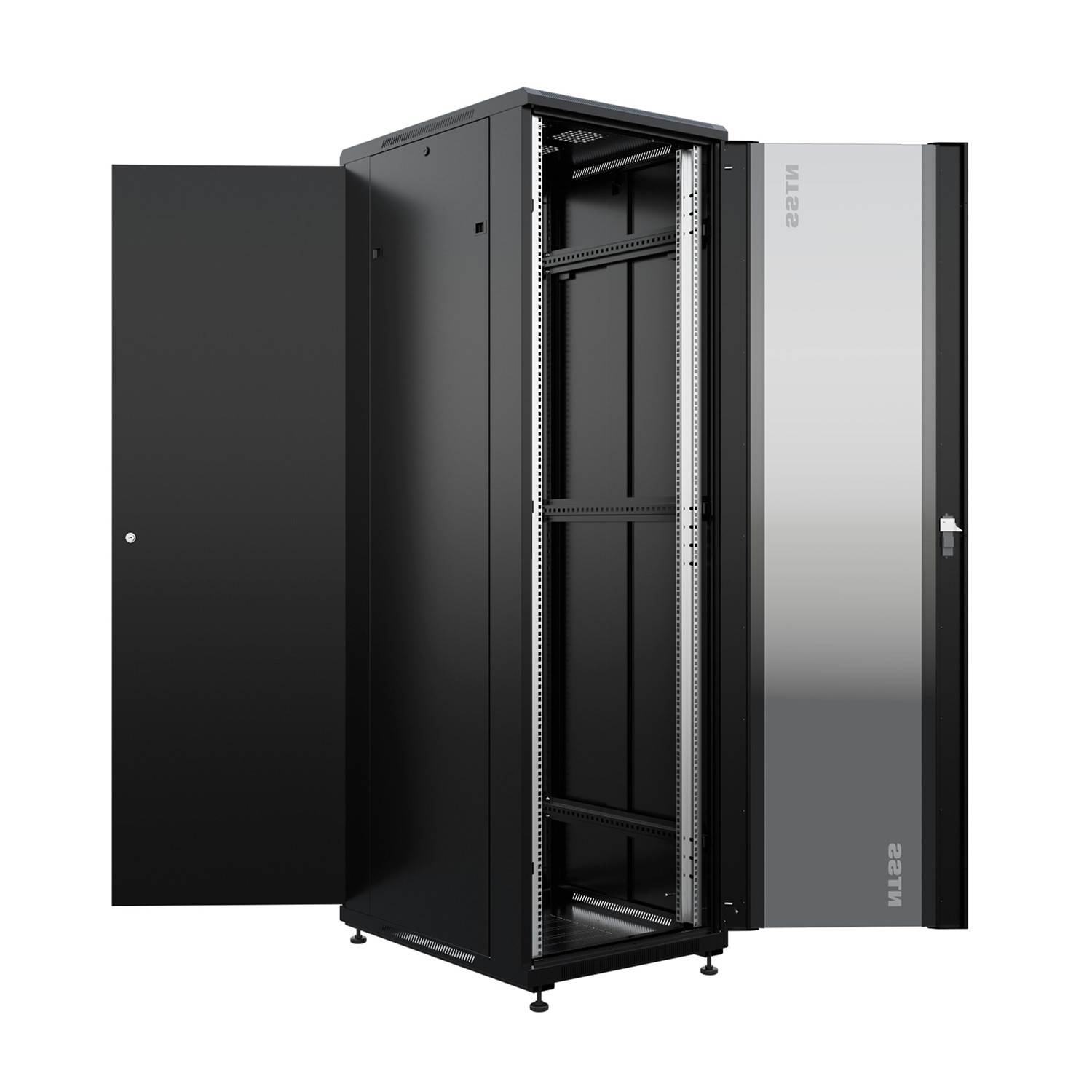 NTSS Шкаф напольный универсальный серверный NTSS R 18U 600х800мм, 4 профиля 19, двери стекло и сплошная металл, боковые стенки съемные, регулируемые опоры, разобранный, черный RAL 9005 NTSS-R18U6080GS арт. NTSS-R18U6080GS-BL