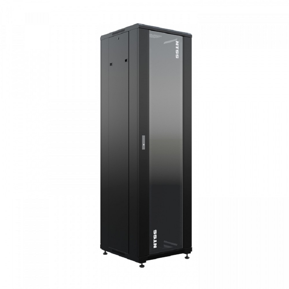 NTSS Шкаф напольный универсальный серверный NTSS R 32U 600х600мм, 4 профиля 19, двери стекло и сплошная металл, боковые стенки съемные, регулируемые опоры, разобранный, черный RAL 9005 NTSS-R32U6060GS арт. NTSS-R32U6060GS-BL
