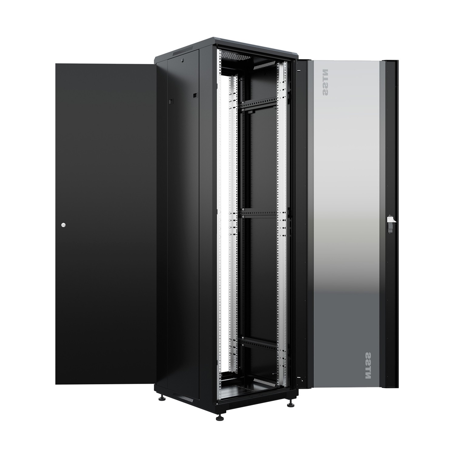 NTSS Шкаф напольный универсальный серверный NTSS R 32U 600х600мм, 4 профиля 19, двери стекло и сплошная металл, боковые стенки съемные, регулируемые опоры, разобранный, черный RAL 9005 NTSS-R32U6060GS арт. NTSS-R32U6060GS-BL