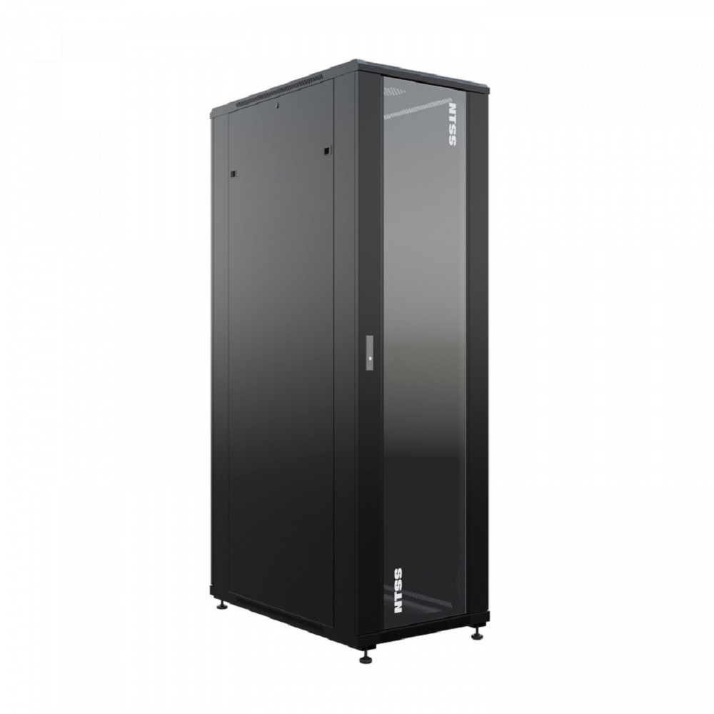 NTSS Шкаф напольный универсальный серверный NTSS R 42U 600х1000мм, 4 профиля 19, двери стекло и сплошная металл, боковые стенки съемные, регулируемые опоры, разобранный, черный RAL 9005 NTSS-R42U60100 арт. NTSS-R42U60100GS-BL