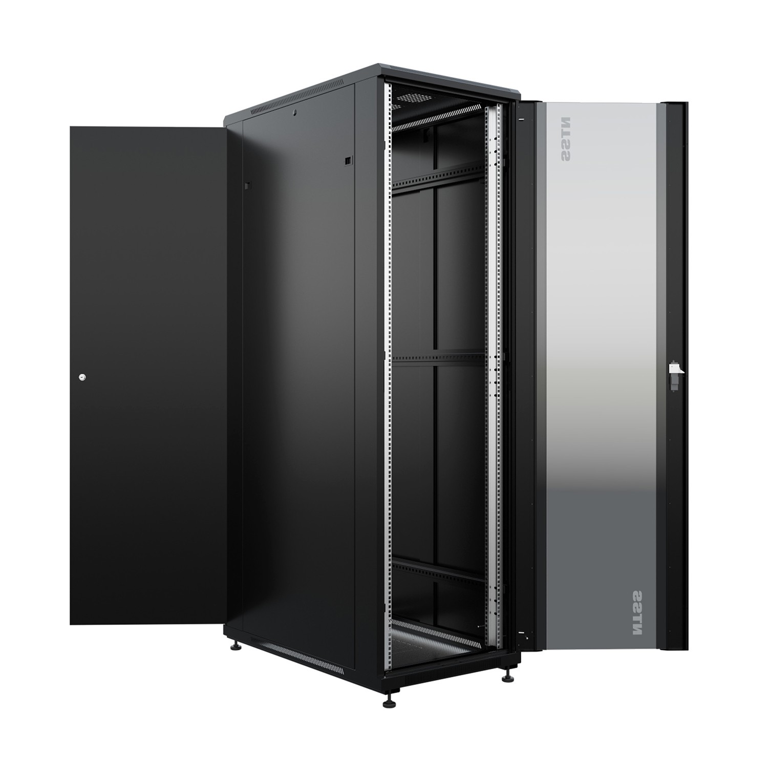 NTSS Шкаф напольный универсальный серверный NTSS R 42U 600х1000мм, 4 профиля 19, двери стекло и сплошная металл, боковые стенки съемные, регулируемые опоры, разобранный, черный RAL 9005 NTSS-R42U60100 арт. NTSS-R42U60100GS-BL