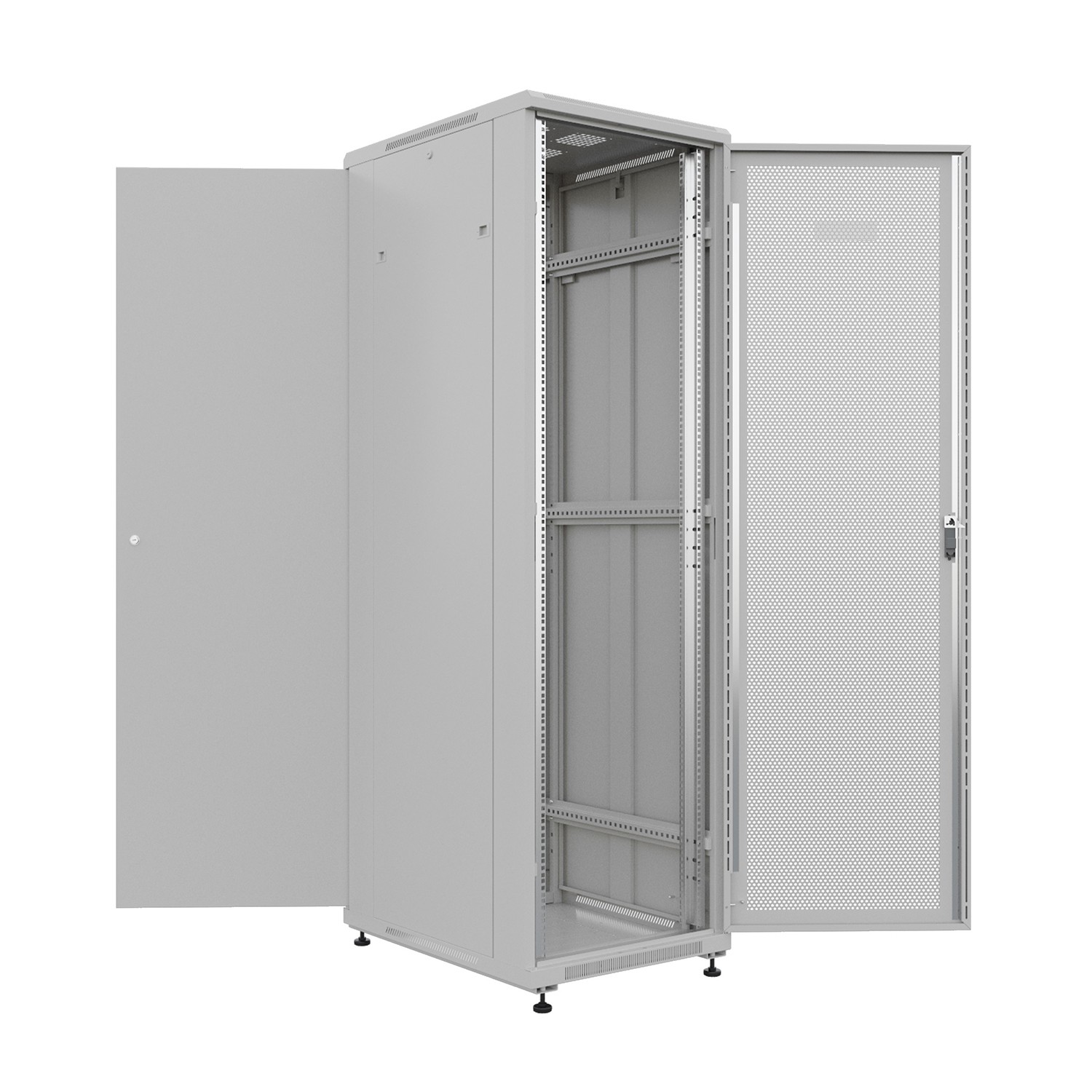 NTSS Шкаф напольный универсальный серверный NTSS R 18U 600х800мм, 4 профиля 19, двери перфорированная и сплошная металл, боковые стенки съемные, регулируемые опоры, разобранный, серый RAL 7035 NTSS-R1 арт. NTSS-R18U6080PD