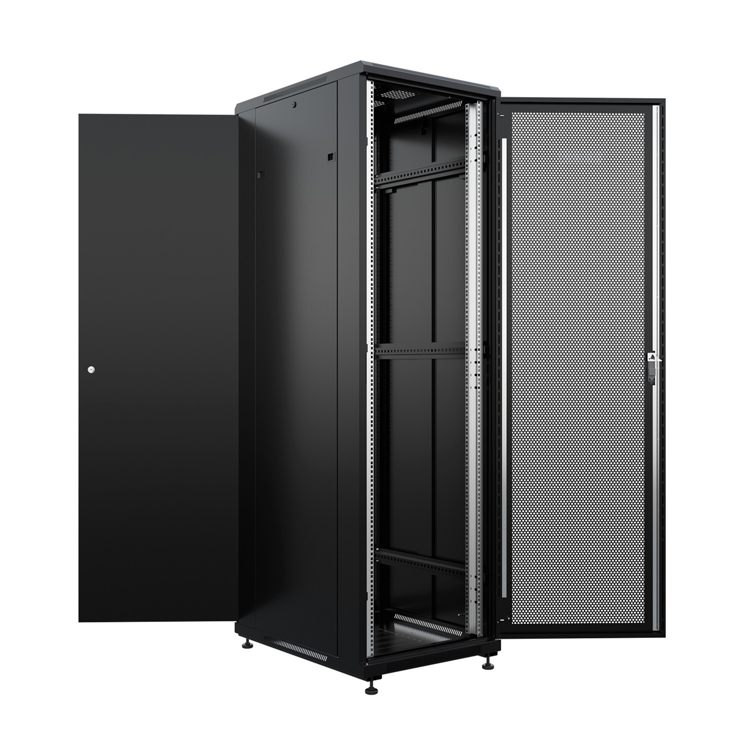 NTSS Шкаф напольный универсальный серверный NTSS R 18U 600х800мм, 4 профиля 19, двери перфорированная и сплошная металл, боковые стенки съемные, регулируемые опоры, разобранный, черный RAL 9005 NTSS-R арт. NTSS-R18U6080PD-BL
