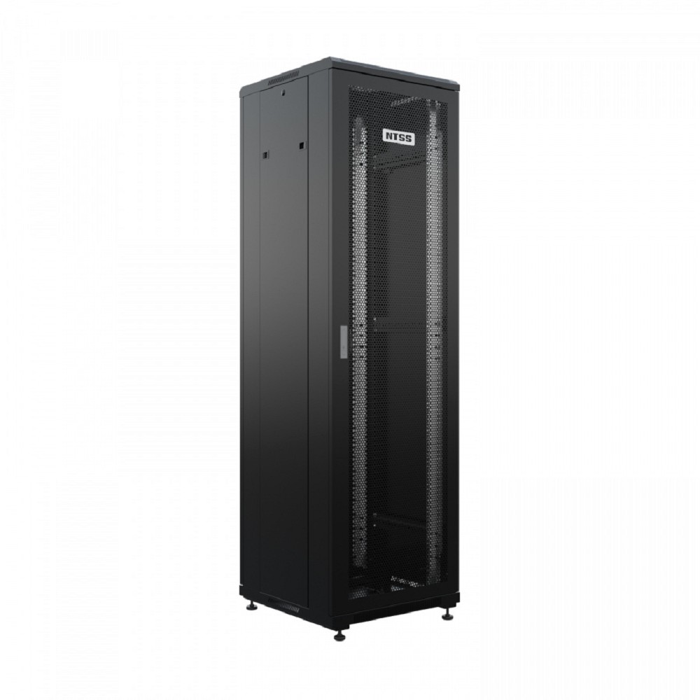 NTSS Шкаф напольный универсальный серверный NTSS R 18U 600х600мм, 4 профиля 19, двери перфорированная и перфорированная, боковые стенки съемные, регулируемые опоры, разобранный, черный RAL 9005 NTSS-R арт. NTSS-R18U6060PD/PD-BL