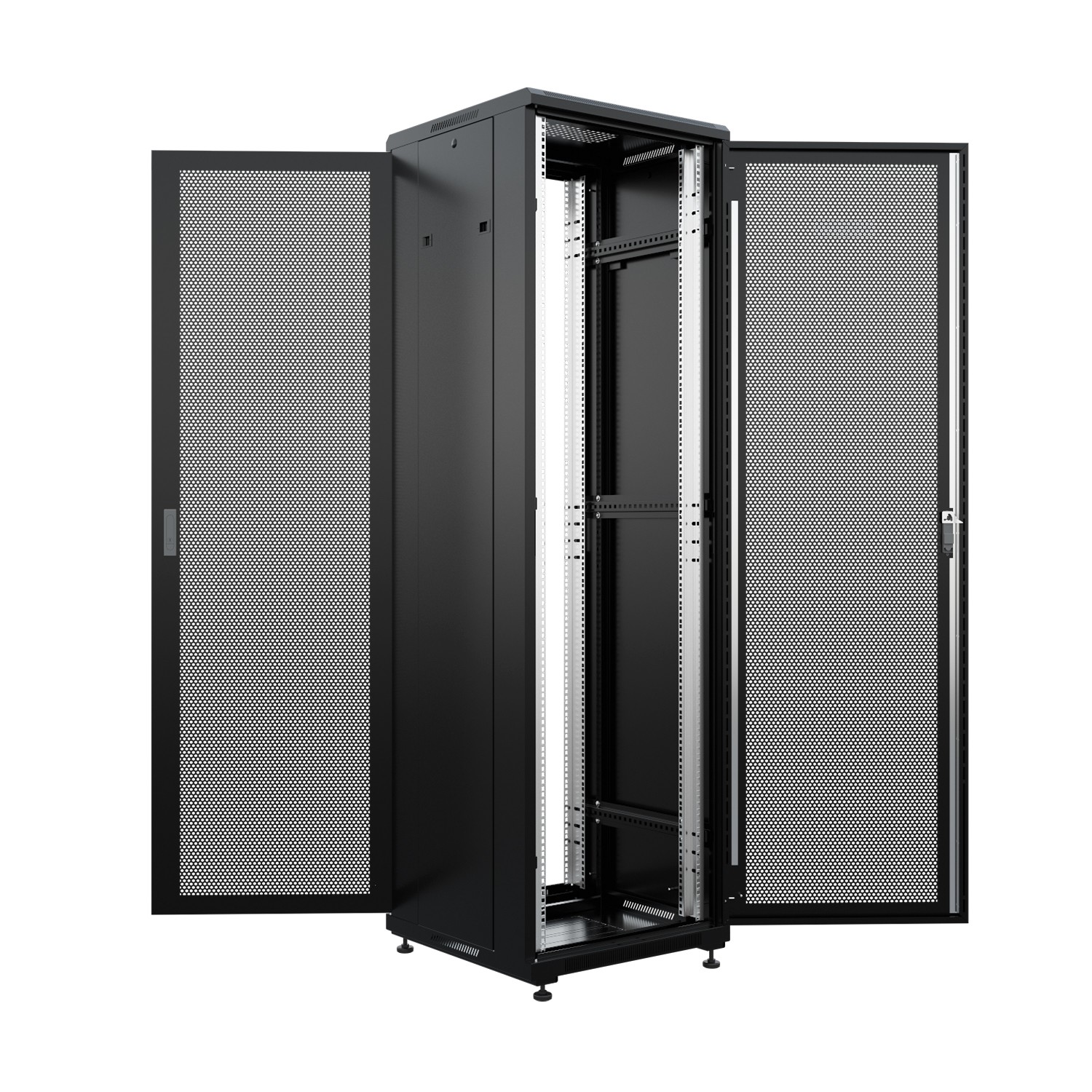 NTSS Шкаф напольный универсальный серверный NTSS R 18U 600х600мм, 4 профиля 19, двери перфорированная и перфорированная, боковые стенки съемные, регулируемые опоры, разобранный, черный RAL 9005 NTSS-R арт. NTSS-R18U6060PD/PD-BL