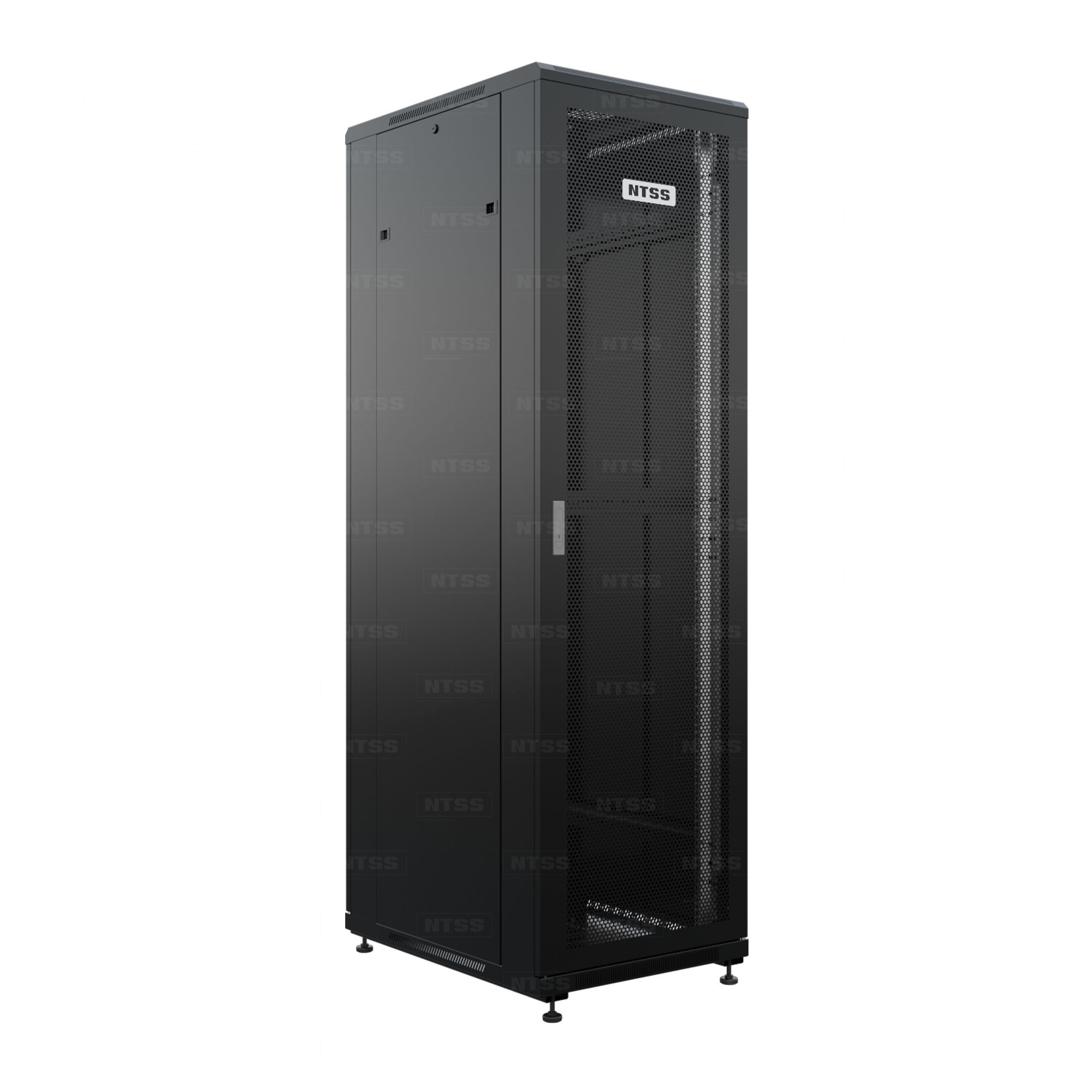 NTSS Шкаф напольный универсальный серверный NTSS R 22U 600х800мм, 4 профиля 19, двери перфорированная и перфорированная, боковые стенки съемные, регулируемые опоры, разобранный, черный RAL 9005 NTSS-R арт. NTSS-R22U6080PD/PD-BL