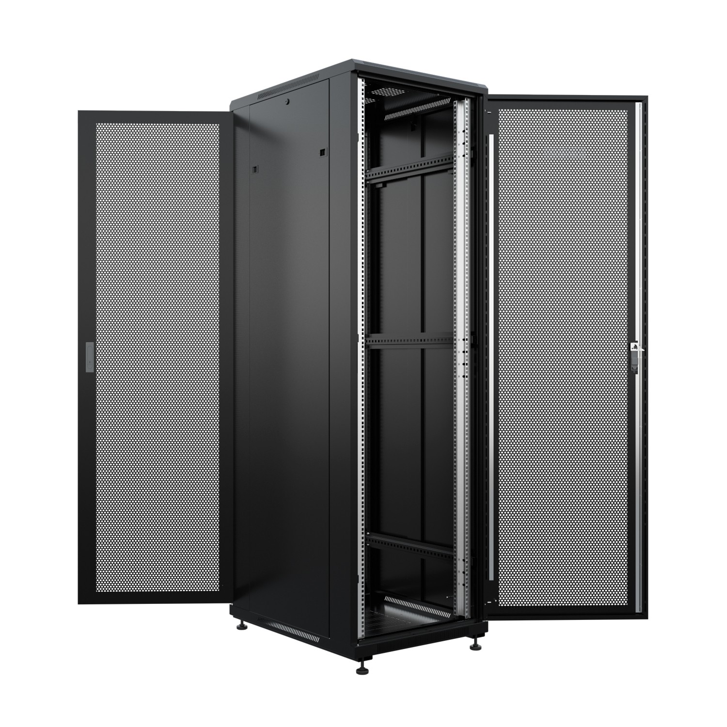 NTSS Шкаф напольный универсальный серверный NTSS R 32U 600х800мм, 4 профиля 19, двери перфорированная и перфорированная, боковые стенки съемные, регулируемые опоры, разобранный, черный RAL 9005 NTSS-R арт. NTSS-R32U6080PD/PD-BL