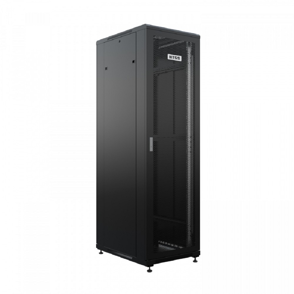 NTSS Шкаф напольный универсальный серверный NTSS R 42U 800х800мм, 4 профиля 19, двери перфорированная и перфорированная двухстворчатая, боковые стенки съемные, регулируемые опоры, разобранный, черный арт. NTSS-R42U8080PD/PDD-BL