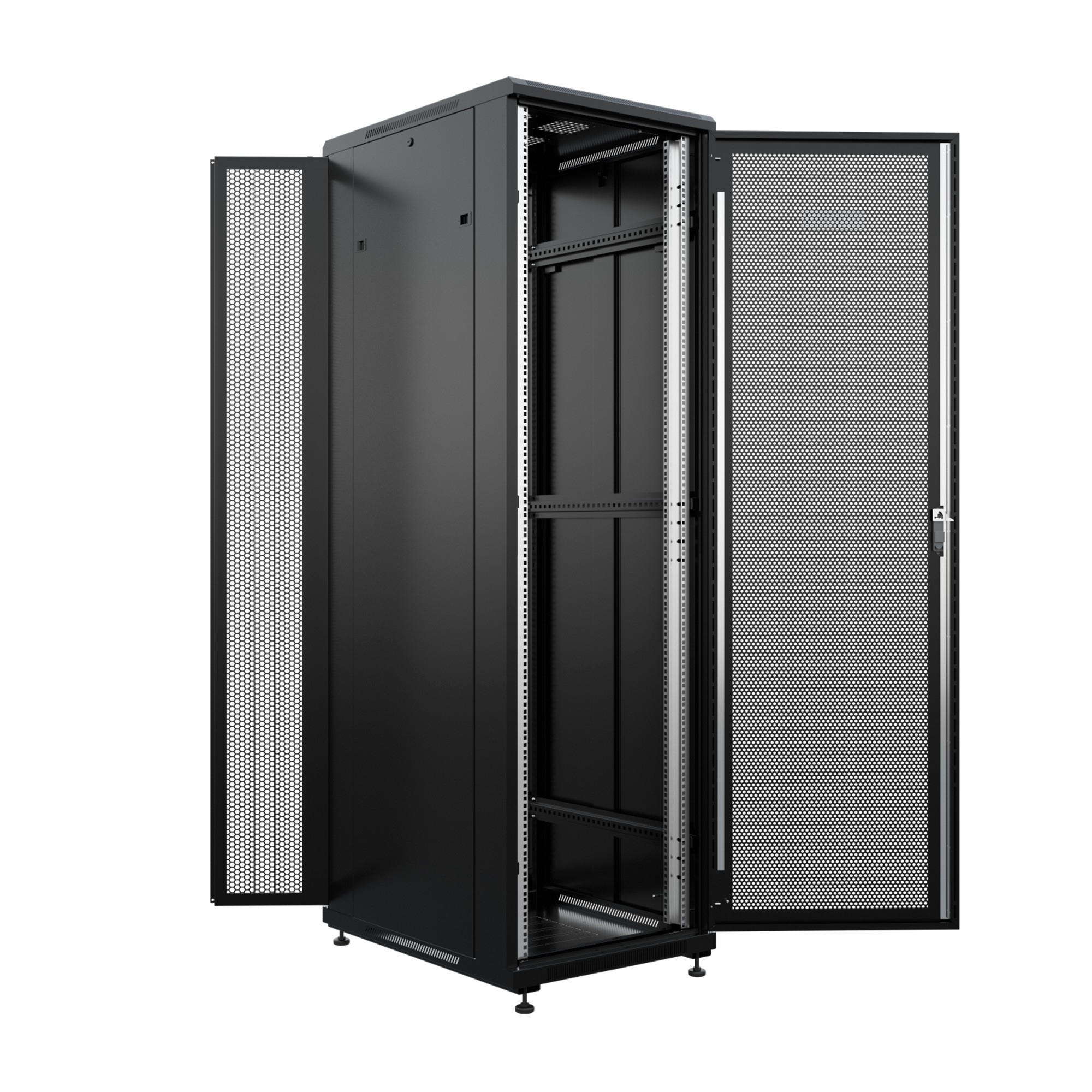 NTSS Шкаф напольный универсальный серверный NTSS R 42U 800х800мм, 4 профиля 19, двери перфорированная и перфорированная двухстворчатая, боковые стенки съемные, регулируемые опоры, разобранный, черный арт. NTSS-R42U8080PD/PDD-BL