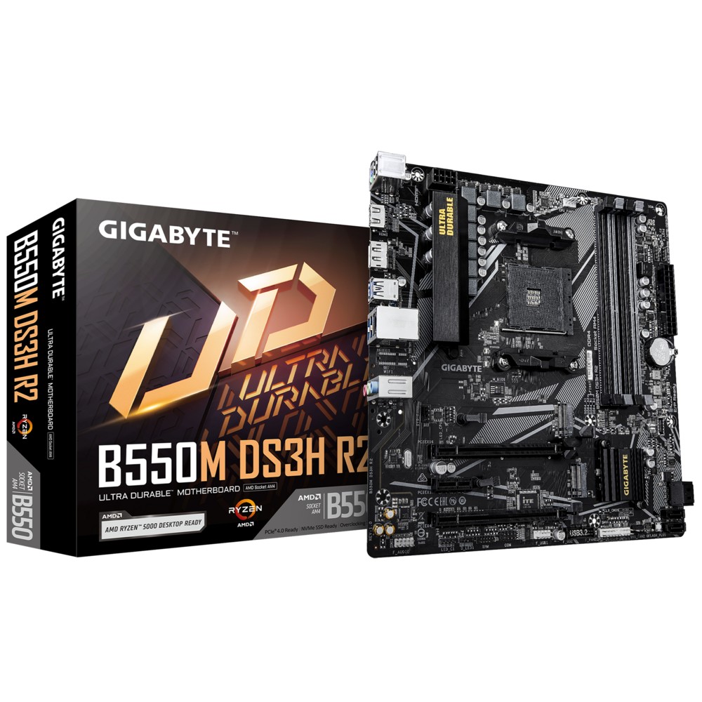 GIGABYTE B550M DS3H R2, AM4, B550, 4*DDR4, 4*SATA, 2*M.2, 4*USB 3.2, 2*USB 2.0, 2*PCIx16, 1*PCIx1, HDMI+DP, mATX