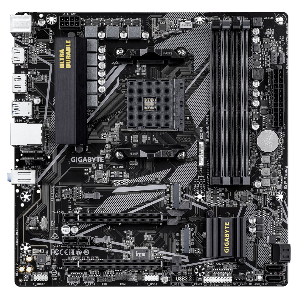 GIGABYTE B550M DS3H R2, AM4, B550, 4*DDR4, 4*SATA, 2*M.2, 4*USB 3.2, 2*USB 2.0, 2*PCIx16, 1*PCIx1, HDMI+DP, mATX