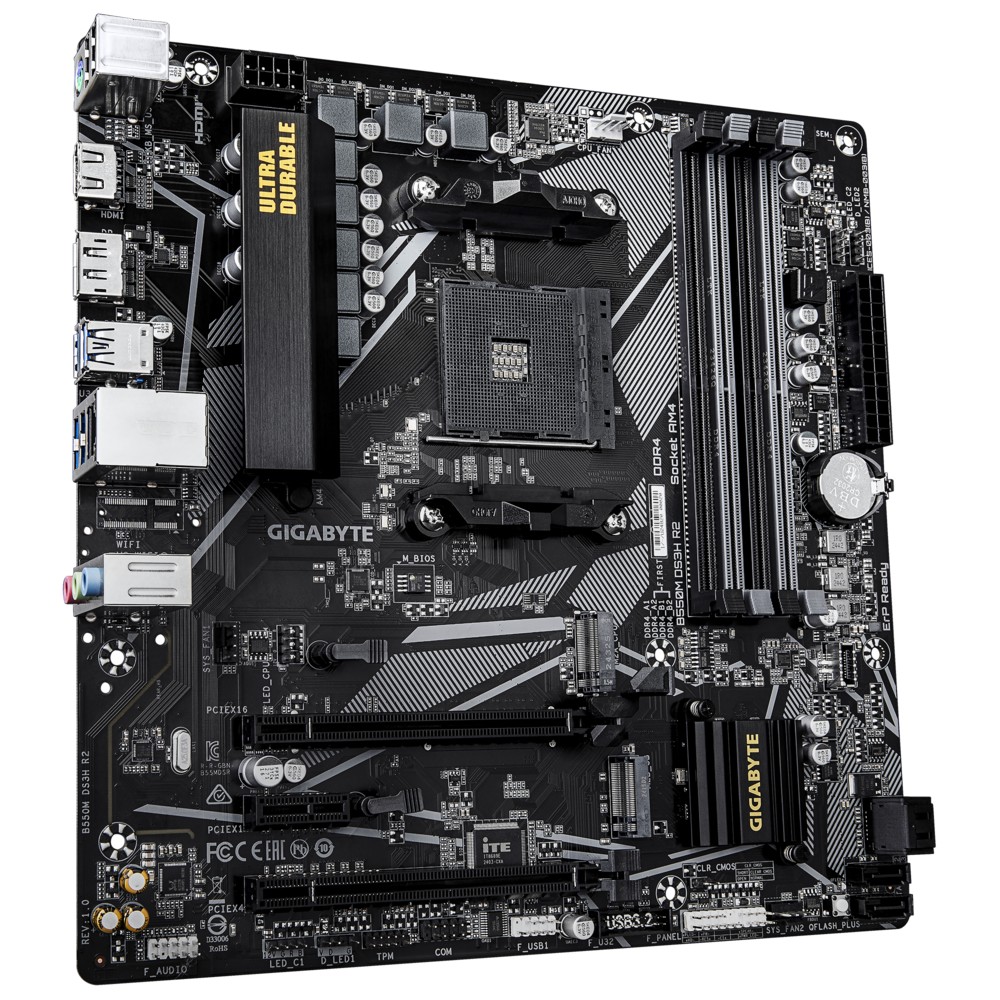 GIGABYTE B550M DS3H R2, AM4, B550, 4*DDR4, 4*SATA, 2*M.2, 4*USB 3.2, 2*USB 2.0, 2*PCIx16, 1*PCIx1, HDMI+DP, mATX