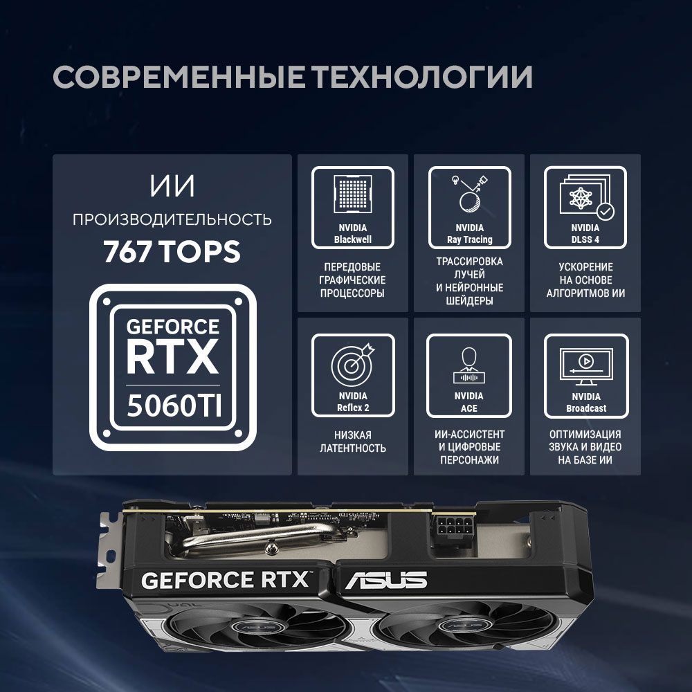 Видеокарта ASUS GeForce RTX5060TI 8Gb DDR7 128 bit 3*DP/HDMI 2FAN (DUAL-RTX5060TI-O8G) RTL