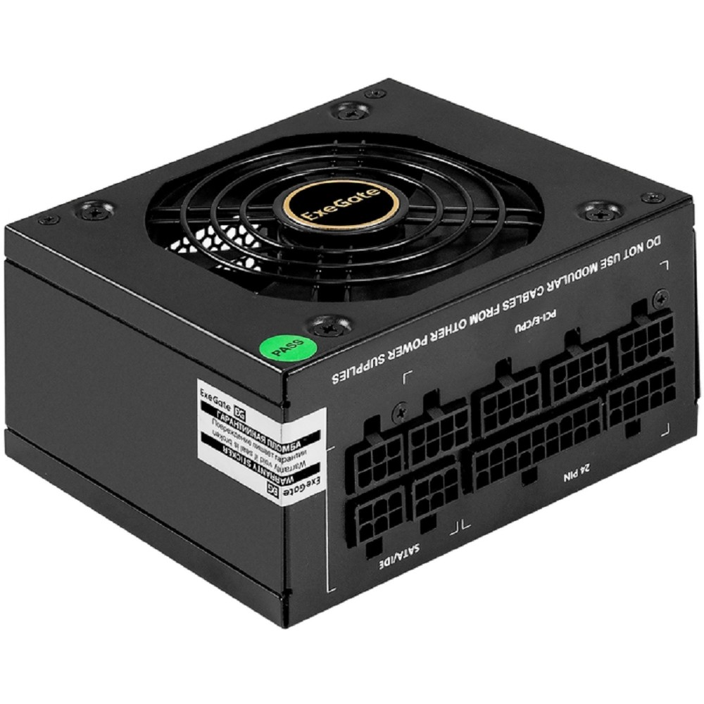 Exegate EX297193RUS Блок питания 650W ExeGate M650 GOLD (SFX, APFC, КПД 90% (80 PLUS GOLD), 9cm fan, 24pin, (4+4)pin, 2xPCI-E, 6xSATA, 3xIDE, 1xFDD, Full Cable Management, black, ATX adapter, Retail b