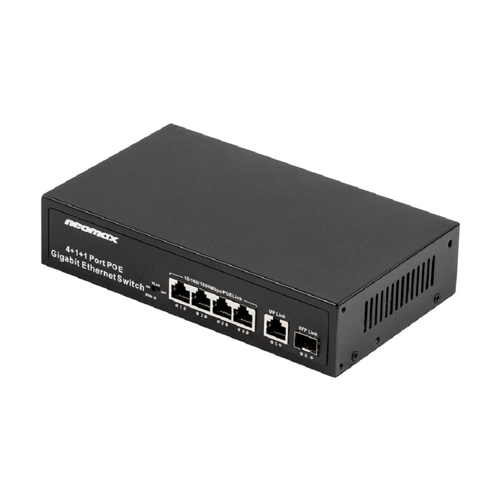 NEOMAX неуправляемый коммутатор NMS-106PoE-1000-S, 6 портов 1000 Mbps, 4xPoE+, 1xSFP, 110W, металл