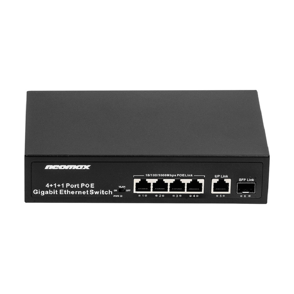 NEOMAX неуправляемый коммутатор NMS-106PoE-1000-S, 6 портов 1000 Mbps, 4xPoE+, 1xSFP, 110W, металл