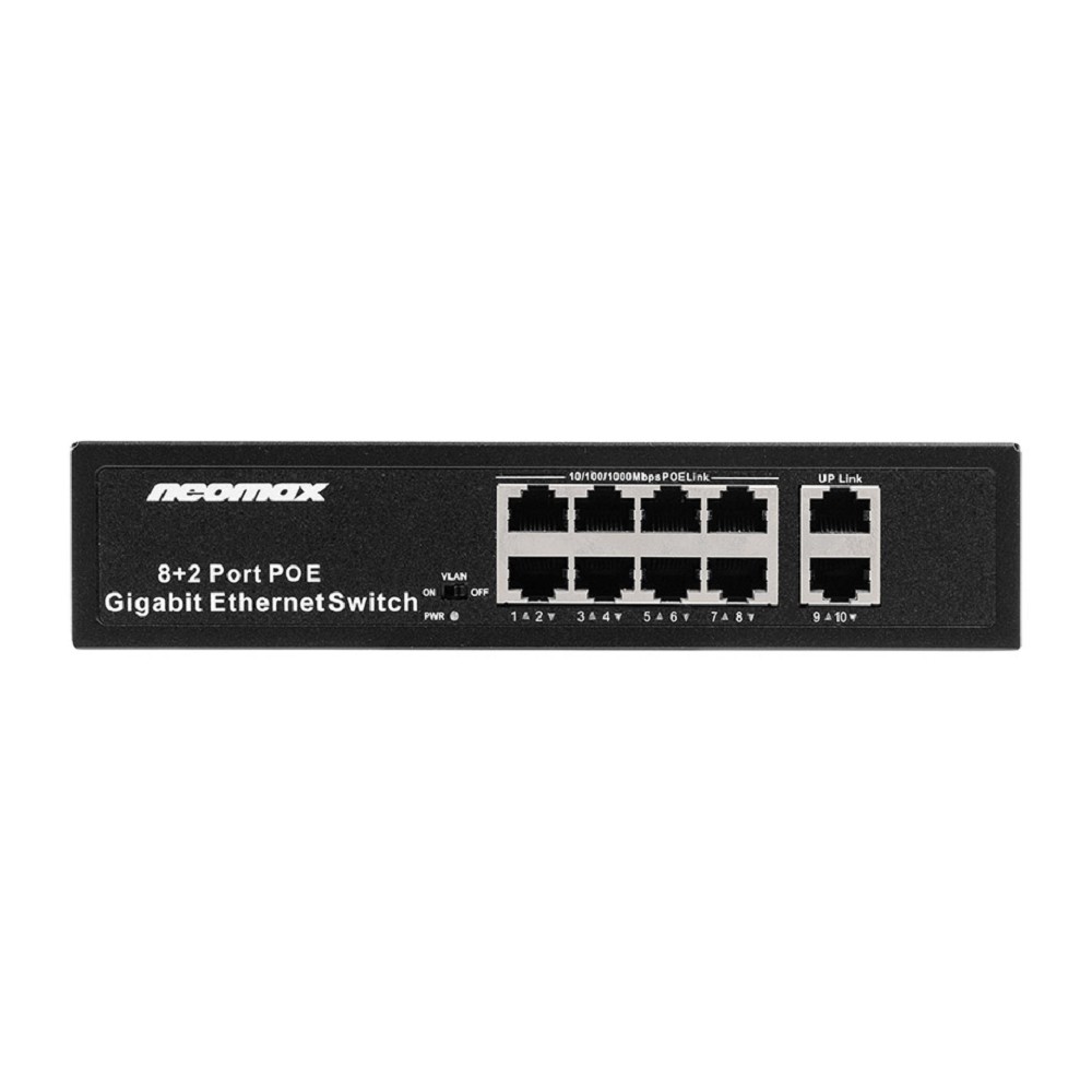 NEOMAX неуправляемый коммутатор NMS-110PoE-1000-S, 10 портов 1000 Mbps, 8xPoE+, 220W, металл