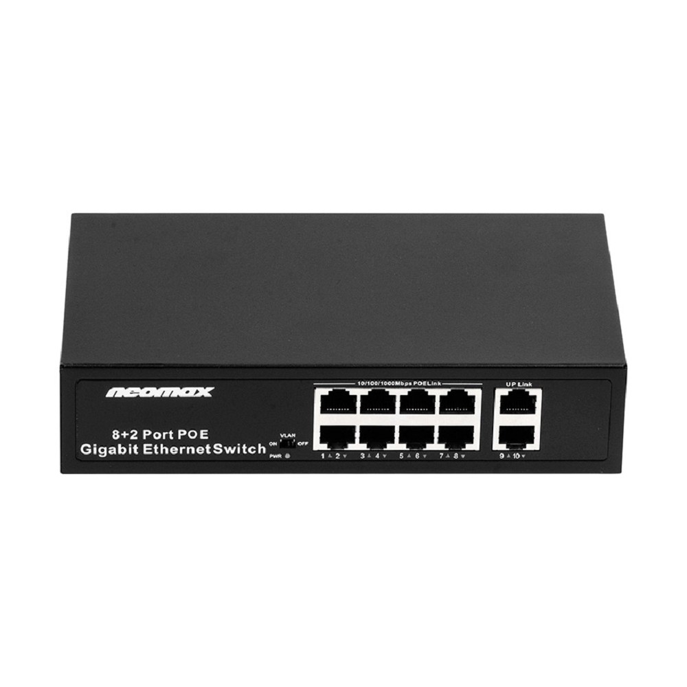 NEOMAX неуправляемый коммутатор NMS-110PoE-1000-S, 10 портов 1000 Mbps, 8xPoE+, 220W, металл