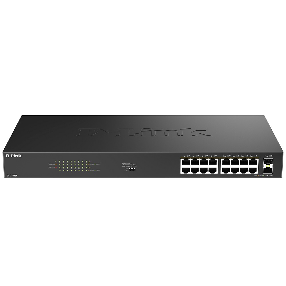 D-Link Конфигурируемый PoE-коммутатор, 16х1000Base-T PoE, 2x1000Base-X SFP, PoE-бюджет 240 Вт, дальность PoE до 250 м, DIP-переключатель, корпус металл арт. DGS-1018P/B1A