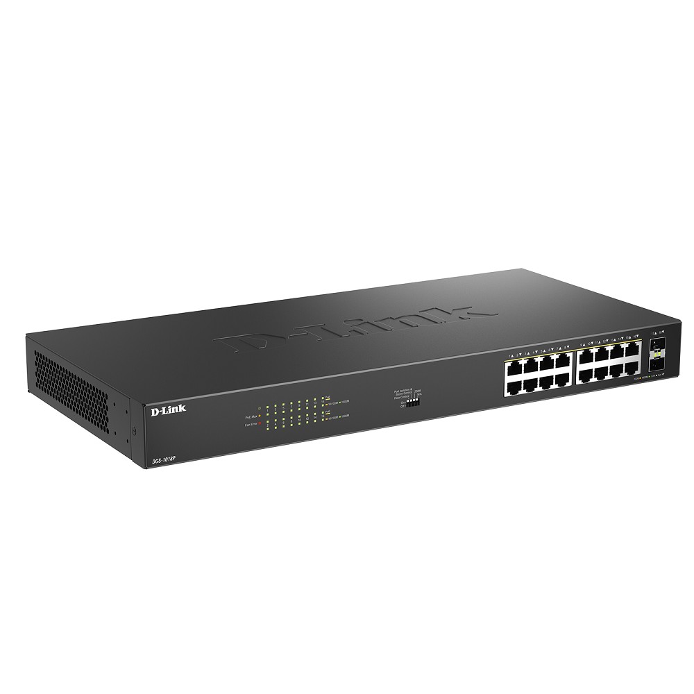 D-Link Конфигурируемый PoE-коммутатор, 16х1000Base-T PoE, 2x1000Base-X SFP, PoE-бюджет 240 Вт, дальность PoE до 250 м, DIP-переключатель, корпус металл арт. DGS-1018P/B1A