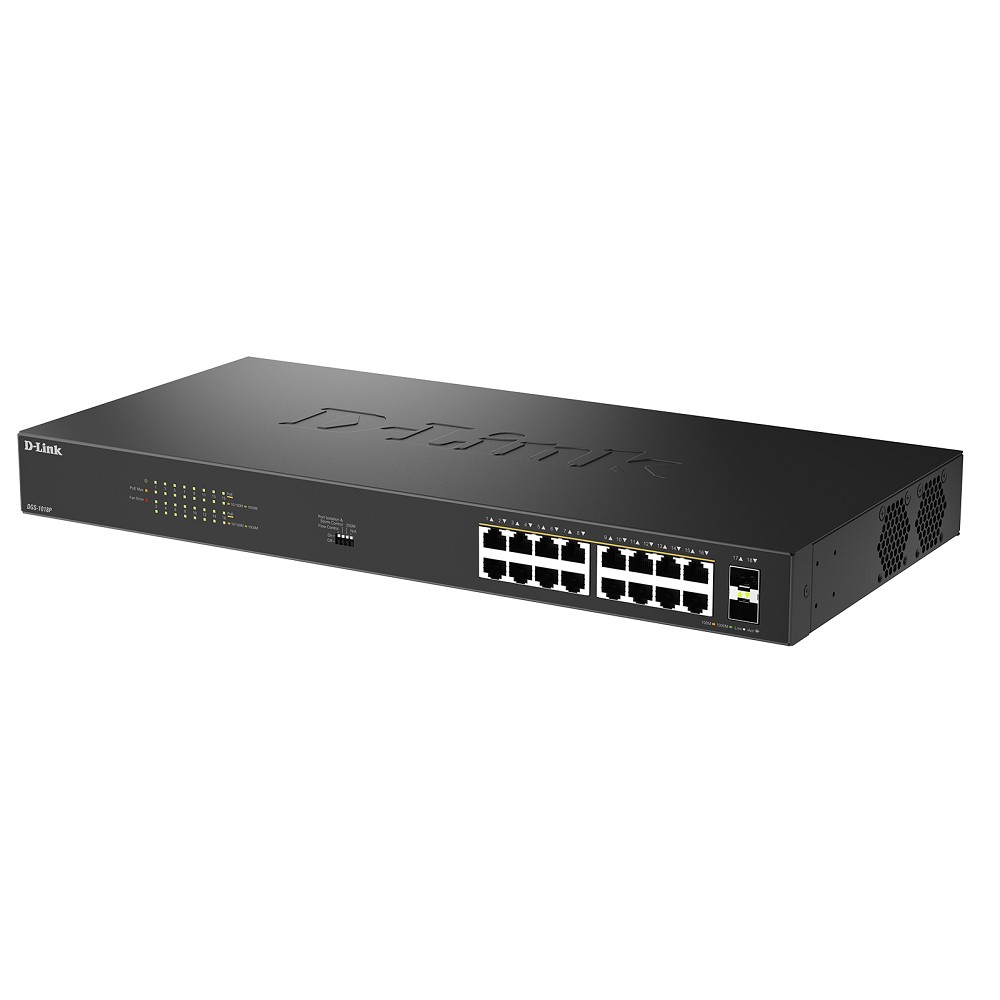 D-Link Конфигурируемый PoE-коммутатор, 16х1000Base-T PoE, 2x1000Base-X SFP, PoE-бюджет 240 Вт, дальность PoE до 250 м, DIP-переключатель, корпус металл арт. DGS-1018P/B1A