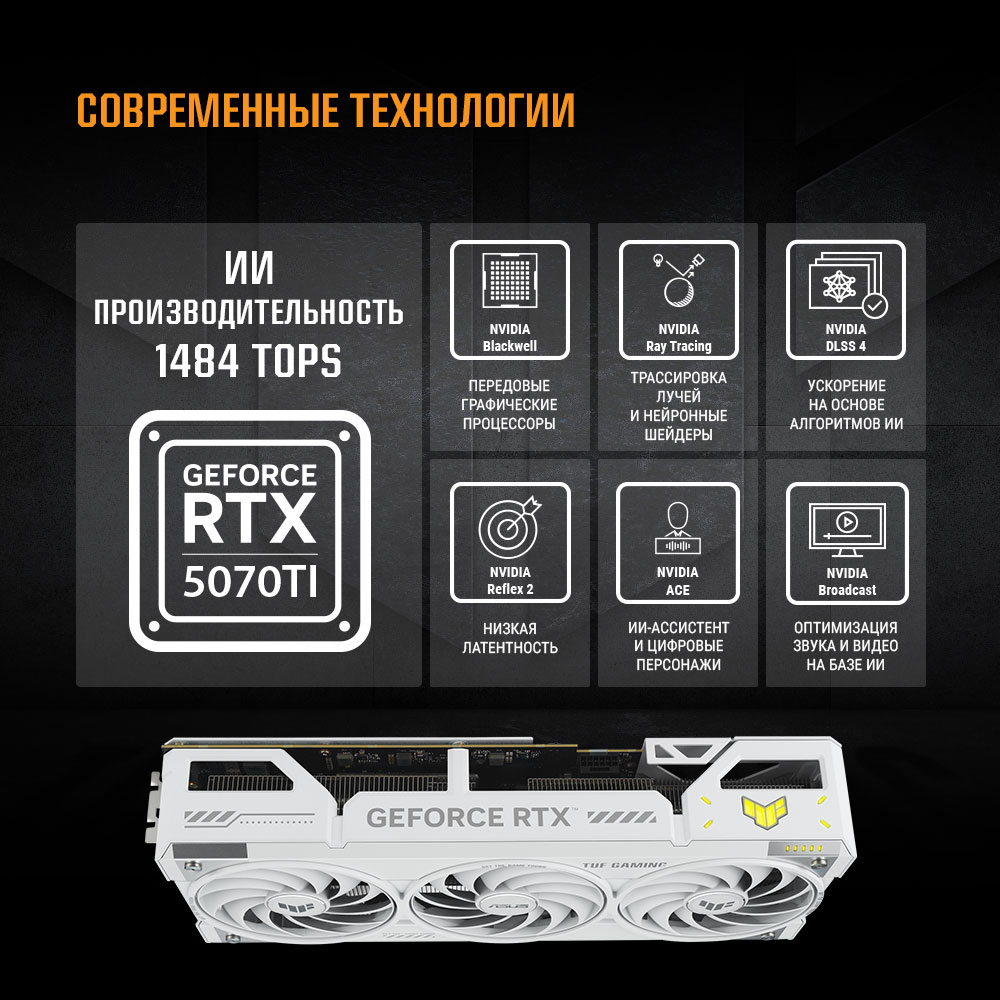 Видеокарта ASUS TUF-RTX5070TI-O16G-WHITE-GAMING//RTX5070TI HDMI*2 DP*3 16G D7; 90YV0MD3-M0NA00