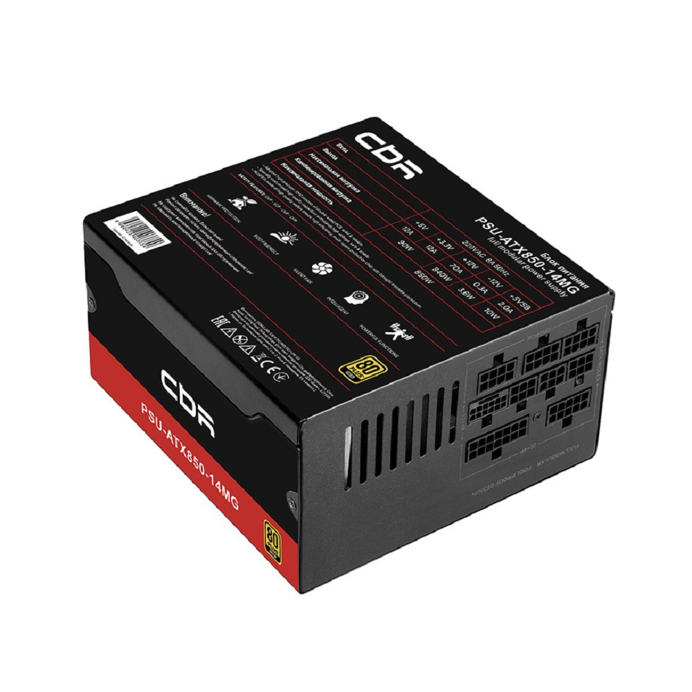 Блок питания CBR ATX 850W 80+ Gold, Full Modular, DC-DC, APFC, 14cm fan, 24pin, 1*PCIE5.1(12+4pin), 2*8-pin(4+4P), 3*6+2pin, 5*SATA, 3*IDE, 1.5м кабель питания, черный [PSU-ATX850-14MG/14GM] BOX