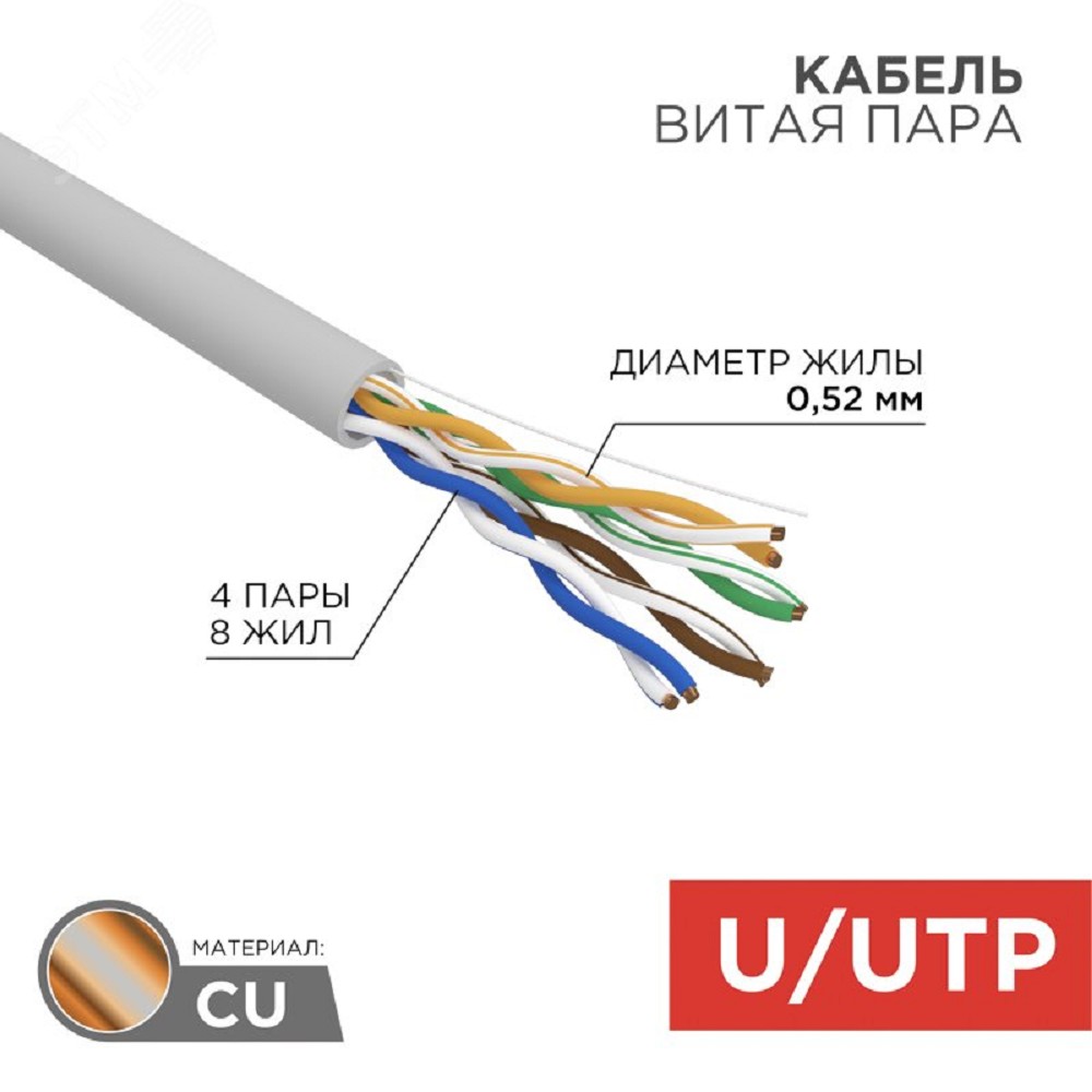 Кабель информационный Rexant 02-0005-R кат.5E U/UTP 4 пары 24AWG PVC внутренний 305м серый