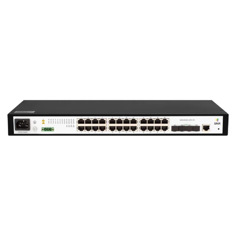SNR Управляемый коммутатор уровня 2+, 24 порта 10/100/1000Base-T, 4 порта 1/10G SFP+, встроенный БП ~220V AC, разъем для АКБ 12V с возможностью заряда арт. SNR-S5210G-24TX-UPS