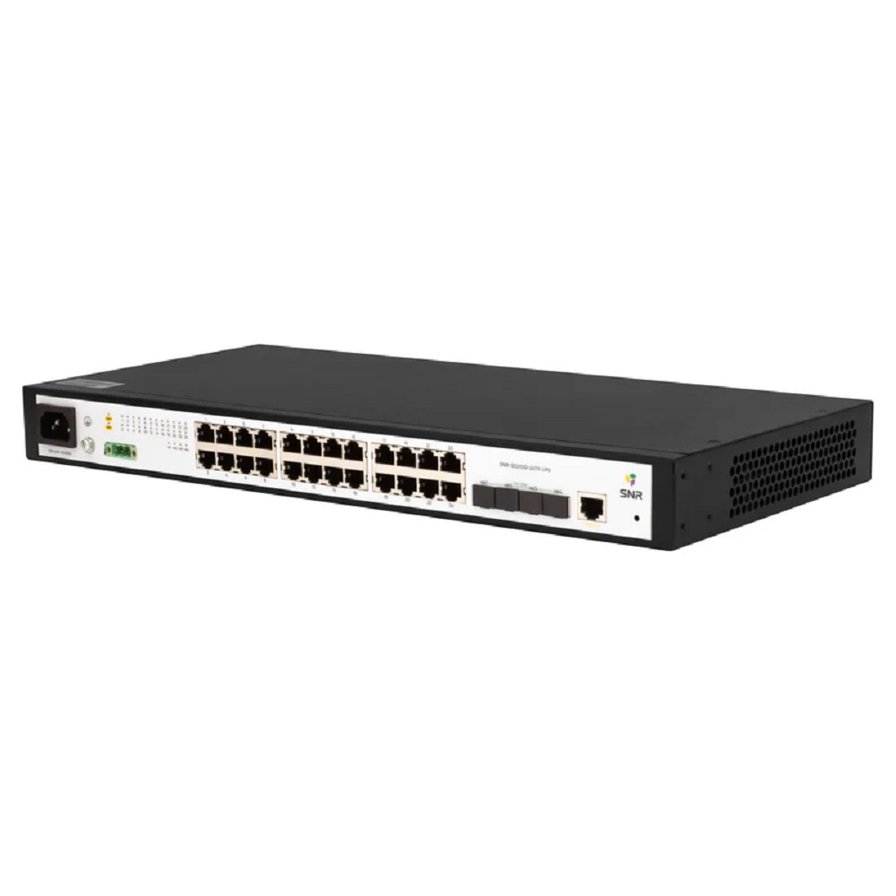 SNR Управляемый коммутатор уровня 2+, 24 порта 10/100/1000Base-T, 4 порта 1/10G SFP+, встроенный БП ~220V AC, разъем для АКБ 12V с возможностью заряда арт. SNR-S5210G-24TX-UPS