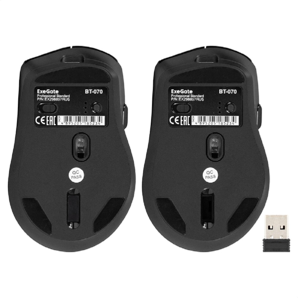 Exegate EX298897RUS Беспроводная Bluetooth мышь ExeGate Professional Standard BT-070 (радиоканал 2,4 ГГц+ Bluetooth5.2, оптическая, 1600dpi, 6D, 6 кнопок и колесо прокрутки)