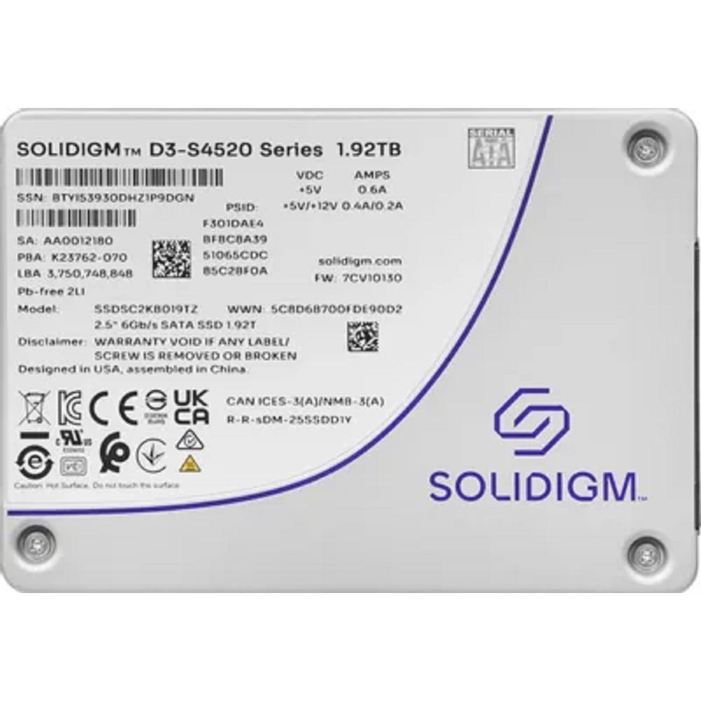 Solidigm SSDSC2KB019TZ1Z Solidigm SSD D3-S4520 Series, 1920GB, 2.5" 7mm, SATA3, TLC, R/W 550/510MB/s, IOPs 91 000/38 000, TBW 8800, DWPD 3 (12 мес.) Intel