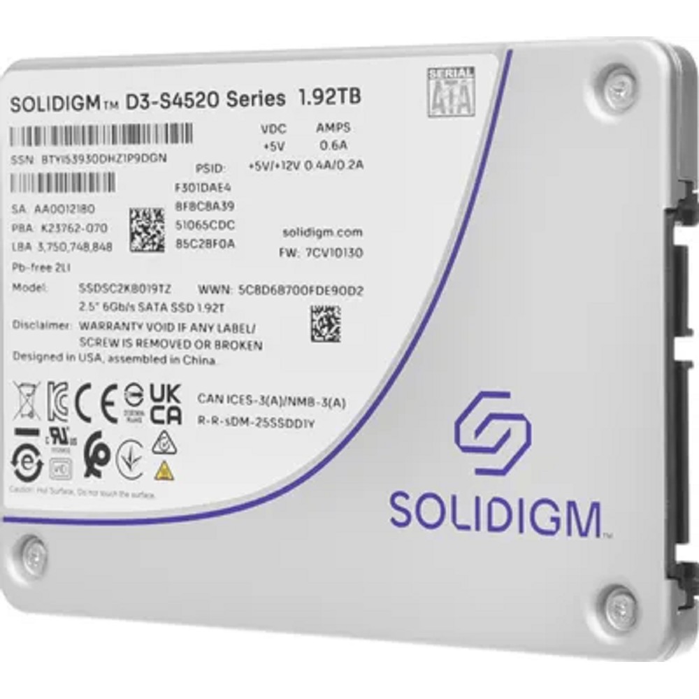 Solidigm SSDSC2KB019TZ1Z Solidigm SSD D3-S4520 Series, 1920GB, 2.5" 7mm, SATA3, TLC, R/W 550/510MB/s, IOPs 91 000/38 000, TBW 8800, DWPD 3 (12 мес.) Intel