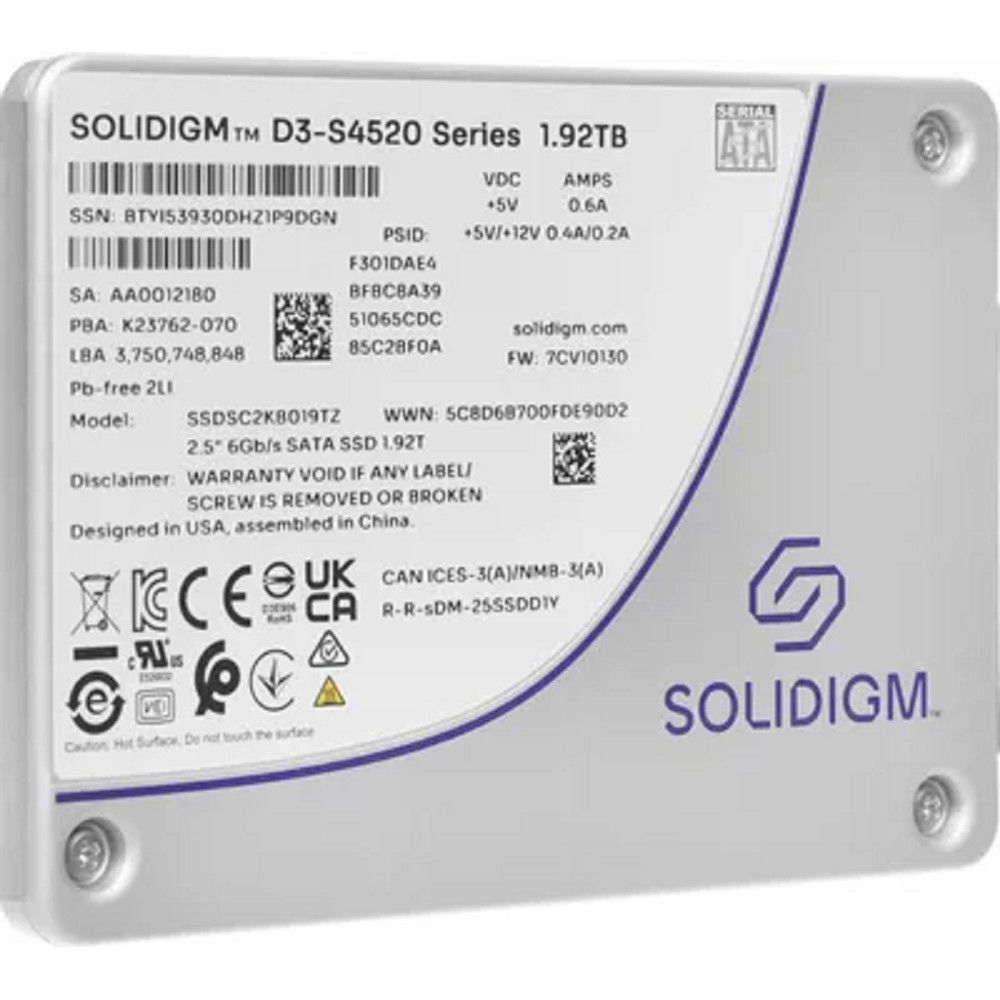 Solidigm SSDSC2KB019TZ1Z Solidigm SSD D3-S4520 Series, 1920GB, 2.5" 7mm, SATA3, TLC, R/W 550/510MB/s, IOPs 91 000/38 000, TBW 8800, DWPD 3 (12 мес.) Intel
