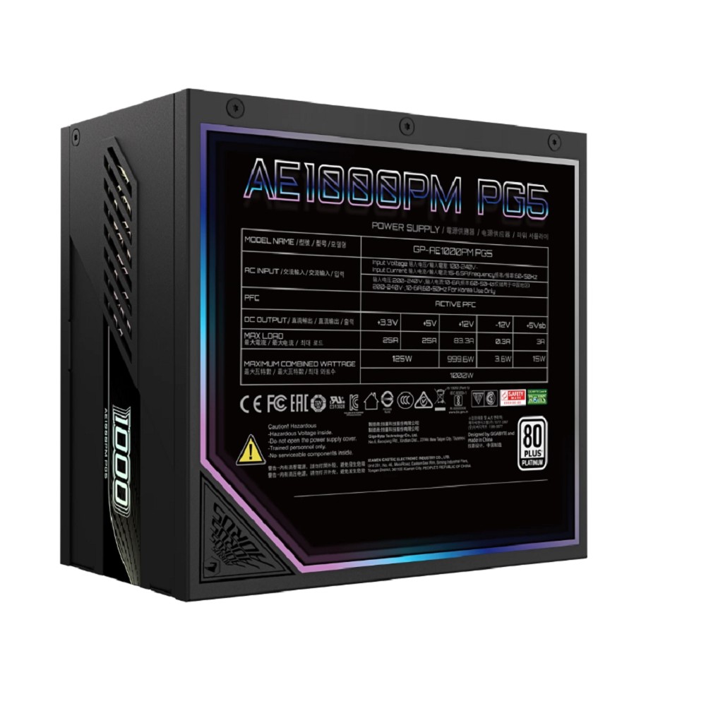 Блок питания ПК Gigabyte AE1000PM PG5 1000W, 80Plus, Platinum, Полностью модульный, PCIe Gen 5.1, ATX 3.0 compatible арт. GP-AE1000PM PG5