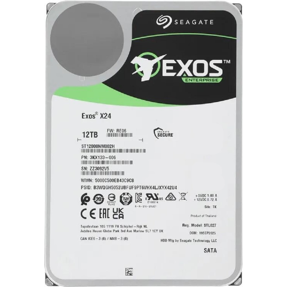 Seagate Exos X24 HDD 3.5" SATA 12Tb, 7200 rpm, 512Mb buffer, 512e/4kn, CMR, ST12000NM002H, 1 year (Восстановленные) арт. ST12000NM002H.