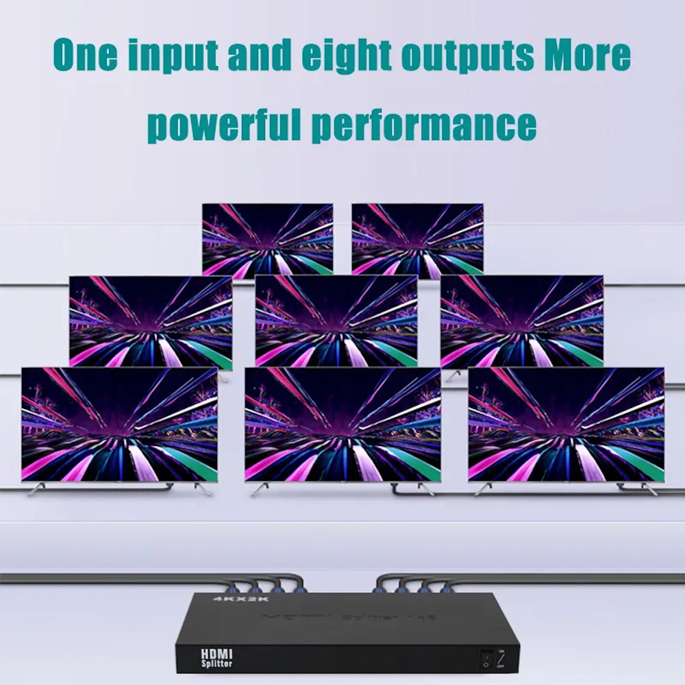 ORIENT HSP0108HV2-2.0, HDMI разветвитель 1->8, UHD 4K/60Гц (3840x2160), HDR10, HDMI 2.0b, 18 Гбит/с, HDCP 2.2, внешний БП 5В, метал.корпус (33397)