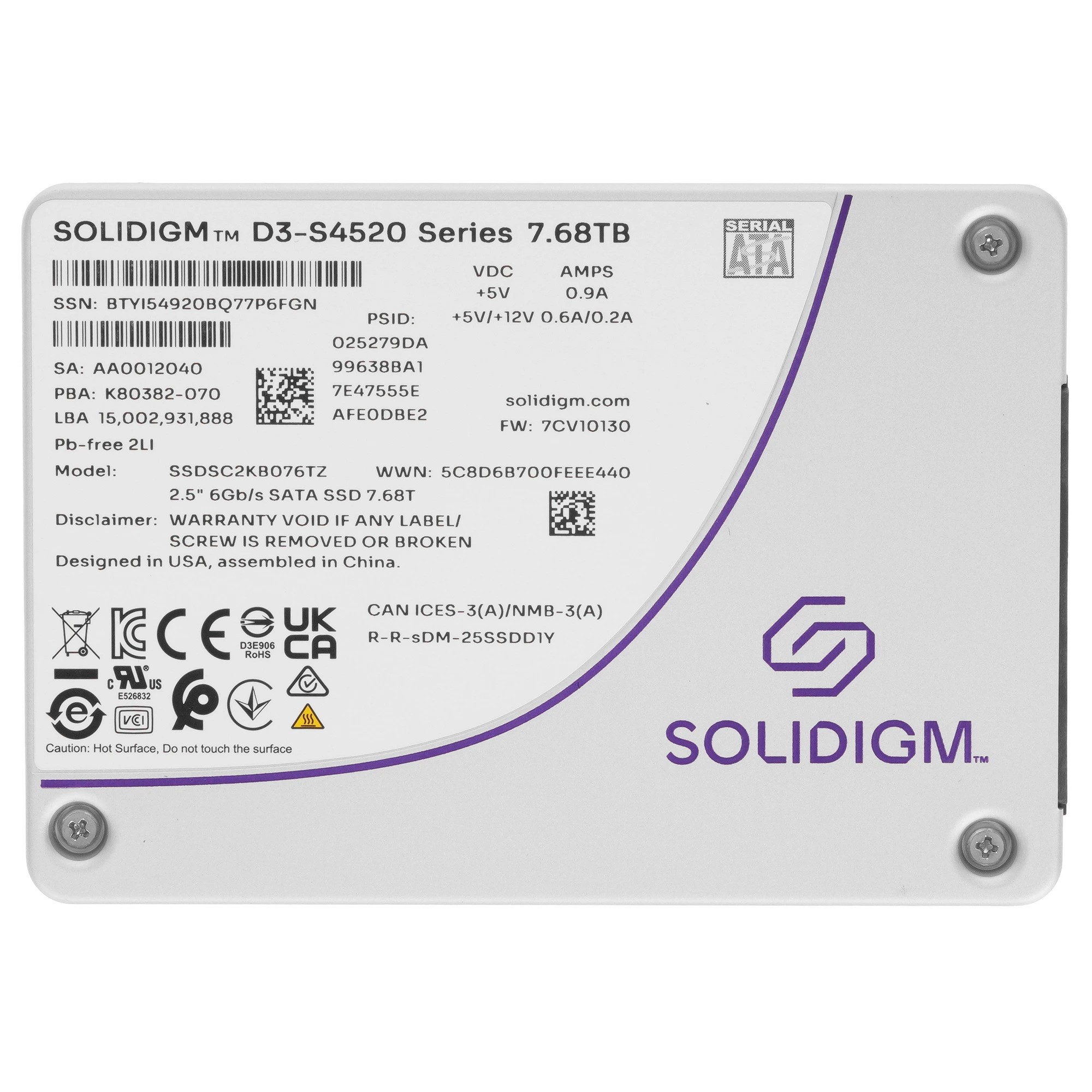 SSD Solidigm/Intel 2.5" 7680GB DC D3-S4520 (SSDSC2KB076TZ01/ SSDSC2KB076TZ1Z) SATA 6Gb/s, 550/510, IOPS 86/30K 36.5PBW, 2.6DWPD No Name