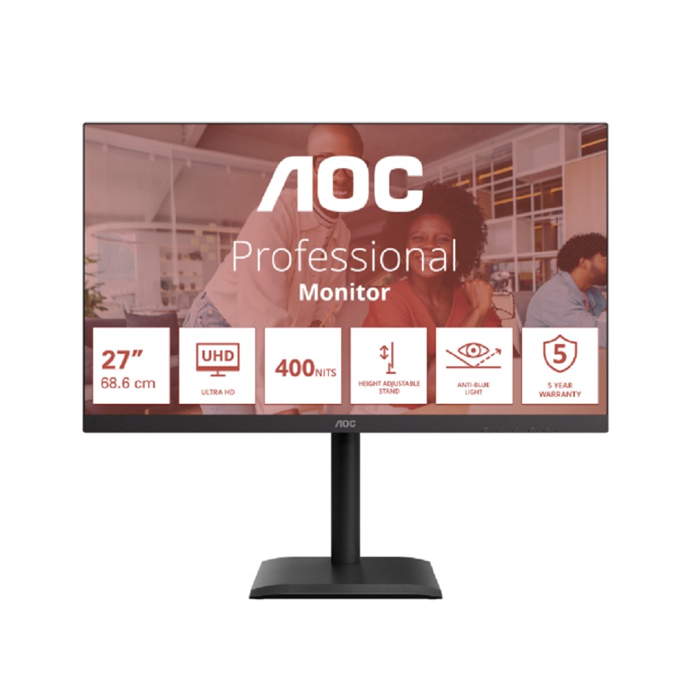 27" AOC 3840x2160 WLED 16:9 IPS 400cd, 1200:1, 20M:1, 4ms, 178°/178°, 2xHDMI, DP, USB hub: 4*USB3.2, USB-C(90W), RJ45, 60Hz, Speakers, Tilt, Height, Swivel, Pivot, VESA, Internal, Black, 3y арт. U27E4CV
