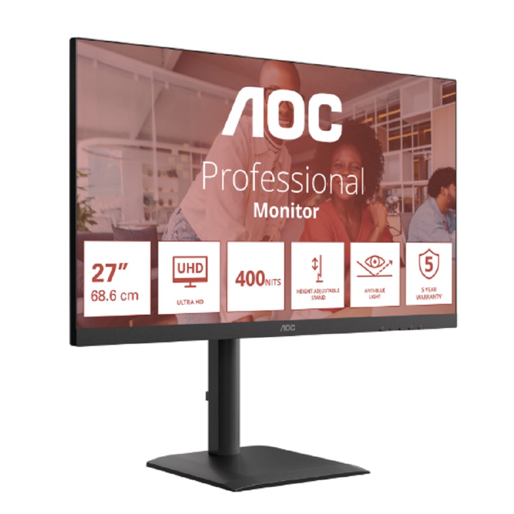 27" AOC 3840x2160 WLED 16:9 IPS 400cd, 1200:1, 20M:1, 4ms, 178°/178°, 2xHDMI, DP, USB hub: 4*USB3.2, USB-C(90W), RJ45, 60Hz, Speakers, Tilt, Height, Swivel, Pivot, VESA, Internal, Black, 3y арт. U27E4CV