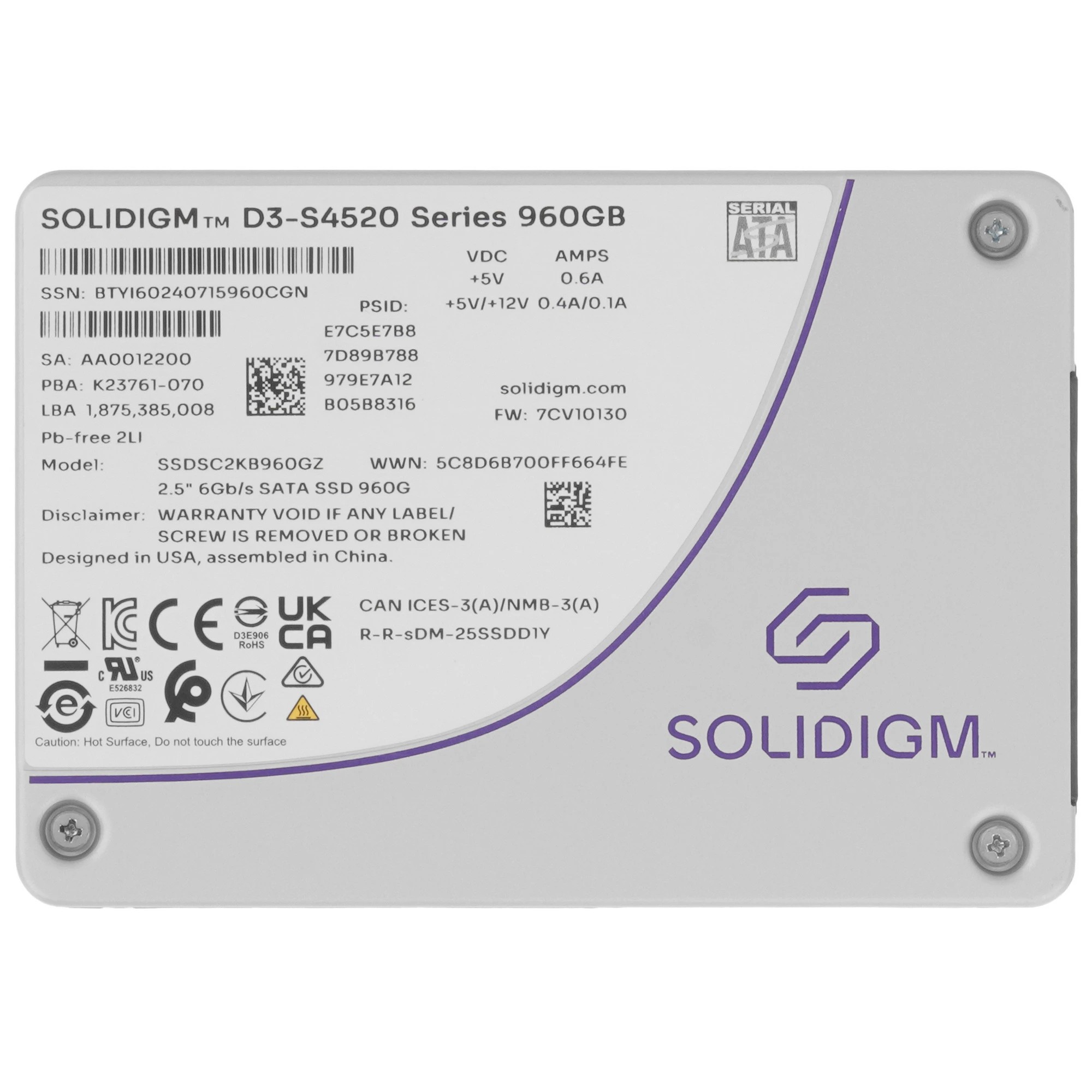 Solidigm SSDSC2KB960GZ1Z Solidigm SSD D3-S4520 Series, 960GB, 2.5" 7mm, SATA3, TLC, R/W 550/510MB/s, IOPs 90 000/43 000, TBW 5300, DWPD 3 (12 мес.) Intel